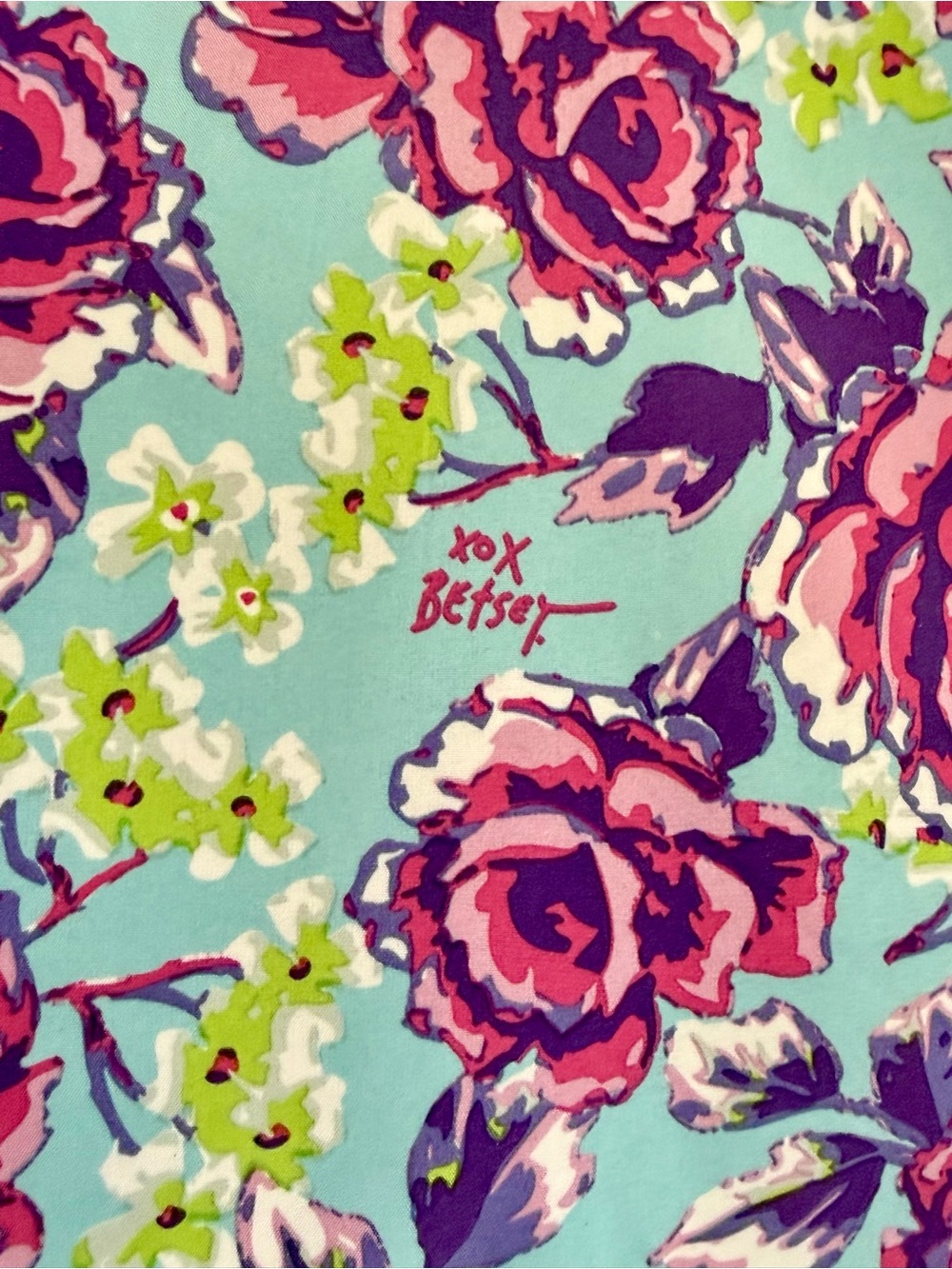 Betsey Johnson Pink and Light Blue Floral Tote with Black Patent Handles - Picture 3 of 5
